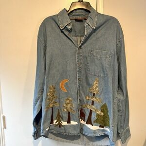 Women's Harriton med Long sleeve Button Down‎  Jean shirt with moose Appliqué